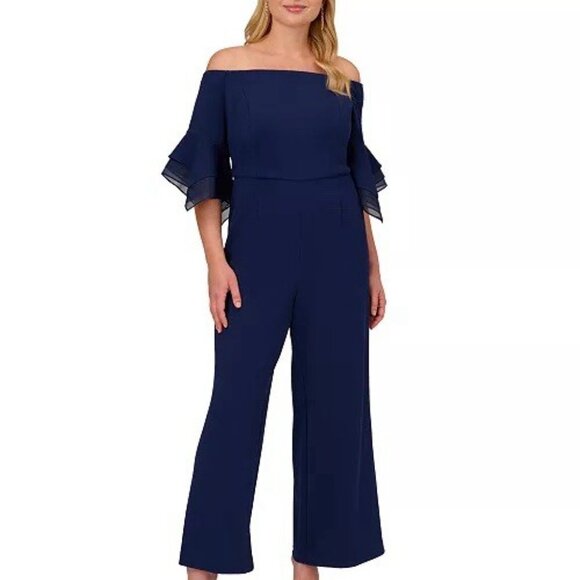 New Adrianna Papell Size 16 W Navy Off-Shoulder Organza-Sleeve Cocktail Jumpsuit - Picture 2 of 14